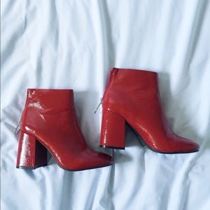 Red Faux Patent Leather Ankle Boots